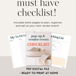May include: A printable checklist for planning and organising pop-up and vendor events. The checklist includes sections for "My To Do List", "Pop-up & Vendor Events Checklist", and "Packing List".