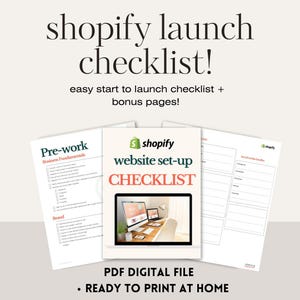 Könnte beinhalten: Eine druckbare Checkliste für den Start eines Shopify-Shops. Die Checkliste ist in drei Abschnitte unterteilt: Vorarbeit, Website-Einrichtung und Social Media. Die Checkliste umfasst eine Vielzahl von Aufgaben, wie z. B. die Erstellung eines Businessplans, die Einrichtung einer Website und die Erstellung von Social-Media-Konten.