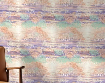 Papel pintado impresionista de puntos, estampado playero de melocotón y lavanda, hierba costera verde menta, decoración de pared tropical suave