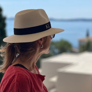 Personalised Beach Hat with initials printed on the front. These straw hats are ideal for a holiday or honeymoon. Matching his and hers fedora straw hats.