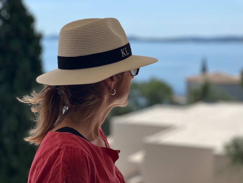 Personalised Beach Hat with initials printed on the front. These straw hats are ideal for a holiday or honeymoon. Matching his and hers fedora straw hats.