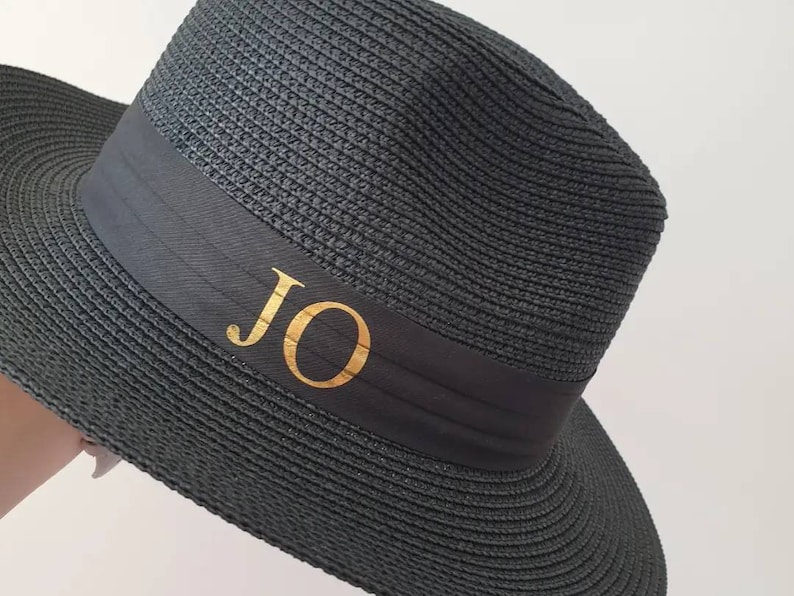Personalised Beach Hat with initials printed on the front. These straw hats are ideal for a holiday or honeymoon. Matching his and hers fedora straw hats.