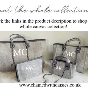 May include: Four gray canvas tote bags with black handles and silver chains. The bags are all different sizes and have the initials "MC" embroidered on the front in white.