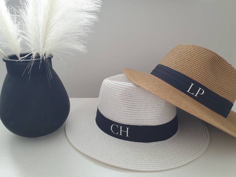 Personalised Beach Hat with initials printed on the front. These straw hats are ideal for a holiday or honeymoon. Matching his and hers fedora straw hats.