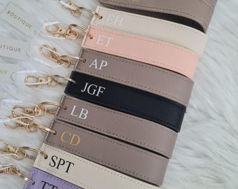 Monogrammed Wristlet Keychain, Faux Saffiano Leather, Initials Gift