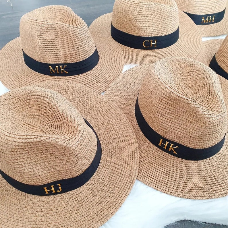 Personalised Beach Hat with initials printed on the front. These straw hats are ideal for a holiday or honeymoon. Matching his and hers fedora straw hats.