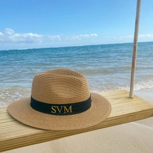 Personalised Beach Hat with initials printed on the front. These straw hats are ideal for a holiday or honeymoon. Matching his and hers fedora straw hats.