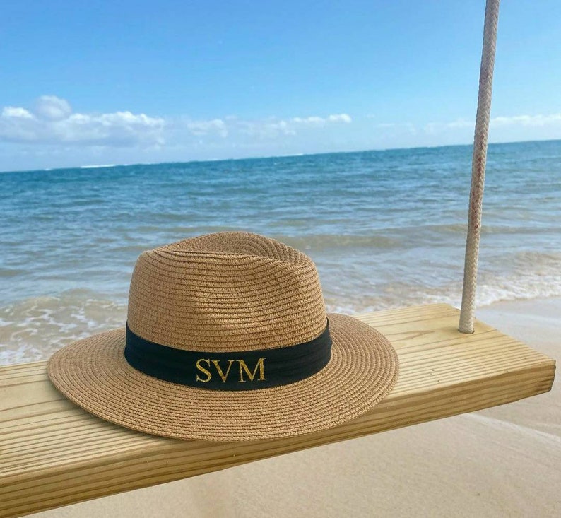 Personalised Beach Hat with initials printed on the front. These straw hats are ideal for a holiday or honeymoon. Matching his and hers fedora straw hats.