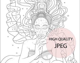 Instant Download Adult Coloring Page, Mermaid, Mami Wata, Magic, Black Magic, African American, Afro, JPG, snake, Black