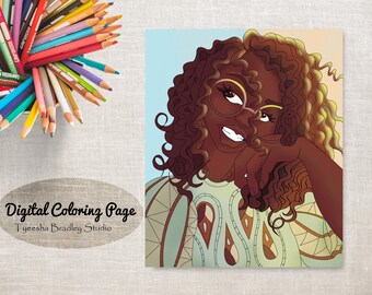 Instant Download Printable Single JPG Format Adult Coloring Pages. Hand-Drawn " Natural Hair Series # 15"