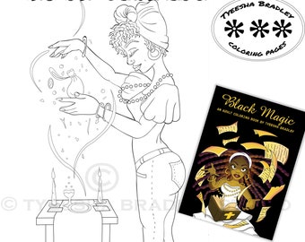 Instant Download Adult Coloring Page, Halloween, Witch, Magic, Hoodoo, Black Magic, Voodoo, African American, Afro, JPG, black girl, candle