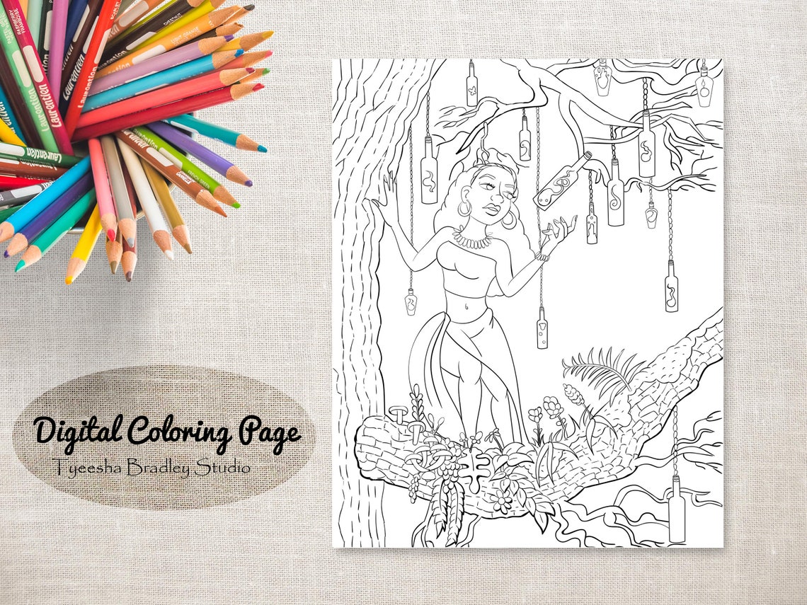 Instant Download Adult Coloring Page, Halloween, Witch, Magic, Hoodoo