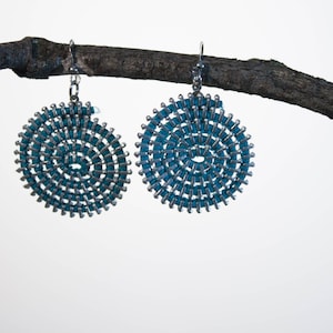 Earrings made of recovered zippers, spiral earrings, turquoise color & ziiip design silver metal