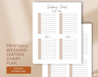May include: Printable wedding seating chart plan with a white background and brown lines. The chart is divided into four sections: Head Table, Table 1, Table 2, and a blank section. Each section has a list of names with spaces to fill in.