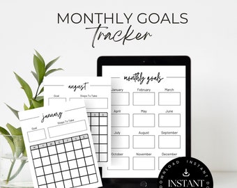 May include: Printable monthly goal tracker with a calendar and space to write goals and steps to take. The tracker is designed in a minimalist style with black text on a white background.