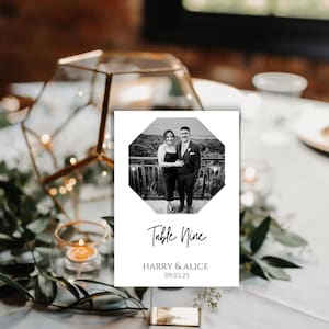 Photo Octagon Table Numbers Template | 4x6 Table Numbers Printable | Simple Wedding Table Numbers | Classic Black & White, Download in Canva
