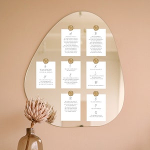 Modello minimalista per grafici dei posti a sedere per matrimoni, moderni cartoncini per posti a sedere assegnati, semplici cartoncini per posti a sedere per matrimoni, biglietti con sigillo di cera
