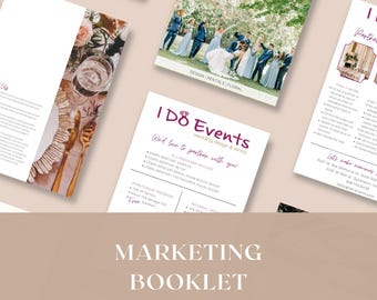 May include: A marketing booklet for I DO Events, a wedding design and rental company. The booklet features a pink and white color scheme with a floral design. The text on the booklet reads "I DO Events" and "We'd love to partner with you!"