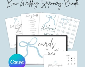 May include: A digital design bundle for wedding stationery featuring a blue bow design. The bundle includes a wedding program, wedding party list, welcome sign, seating chart, and icons. The text "cards and ait" is visible on a laptop screen.