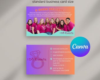 May include: A pink and purple business card with the text "I Do Events" and a diamond ring icon. The card includes contact information, including a website, email address, phone number, and physical address.