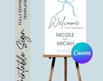 May include: A printable wedding welcome sign with a light blue bow and the text "Welcome to the wedding of Nicole and Micah 09.14.202".