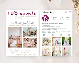 May include: A social media post for a wedding floral and rental company called I Do Events. The post features a ring icon, the company's logo, and photos of wedding decorations and flowers. The text on the post reads "IDo Events - Wedding Floral & Rentals. Central IL Wedding Floral & Rentals - making weddings beautiful is kinda our thing - We Decorate, You Celebrate! Shoppes at Grand Prairie - 5201 W War Memorial Dr, Suite 550, Peoria, Illinois."
