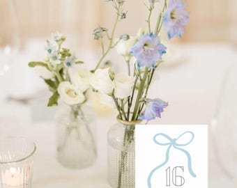 Dusty Blue Bow Table Numbers Template | 4x4 Table Numbers Printable | Southern Square Wedding Table Numbers | Download in Free Canva