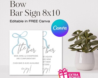 May include: Two printable 8x10 inch signs for a bar at a wedding or party. The signs are light blue and white with a blue bow and the text "the bar" in cursive. The text on the signs reads "Beer, wine, & champagne are complimentary. Cash bar is also available. Enjoy!" and "Use liquor, use wine, draft beer, seltzers. Enjoy!"