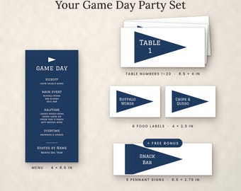 Game Day Party Menu Template, Editable Canva Football Food Labels & Table Numbers, Navy Pennant