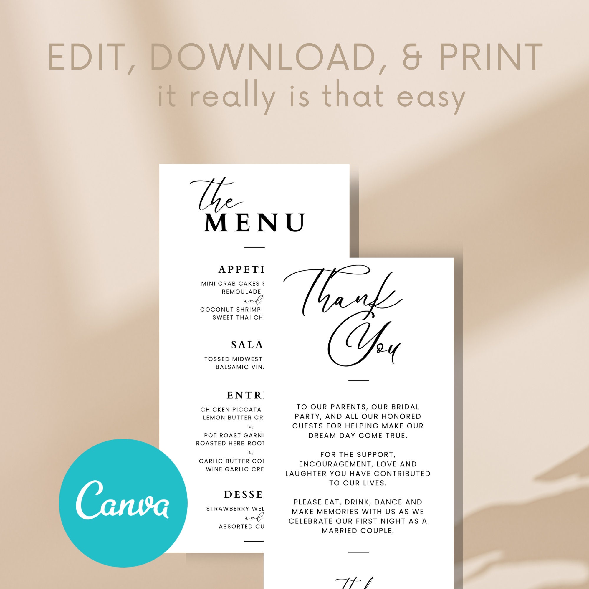 Wedding Menu Canva Template | Modern Black & White Minimal Calligraphy ...