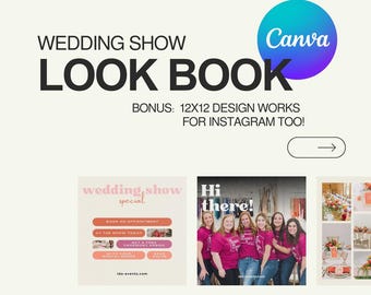 May include: A wedding show look book with a Canva logo. The look book features three different designs for Instagram posts. The first design is a pink and white graphic with the text "wedding show special". The second design features a group of women in pink shirts with the text "Hi there!" The third design features a collage of wedding-related images.