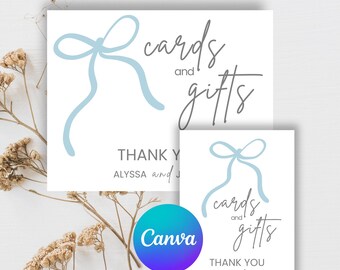May include: Two printable cards with a blue ribbon design. The text on the cards reads "cards and gifts" and "Thank you Alyssa and Justin".