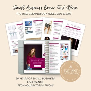 May include: A pink and white digital planner with the text "Heather Forney Event Designer & Efficiency Guru Tech Stack" and "20 Years of Small Business Experience Technology Tips & Tricks". The planner is open to a page with a list of technology tools.