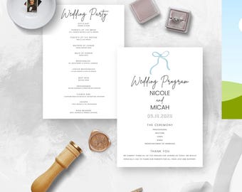 May include: Wedding stationery set featuring a wedding party list and program. The program includes the names Nicole and Micah, and the date 09.14.2024. Also included are a ring box, a wax seal, and a stamp.
