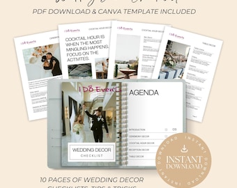 May include: A gray and white wedding decor checklist with a photo of a couple on the cover. The checklist includes sections for ceremony, cocktail hour, reception, and table decor. The text on the cover reads "Wedding Decor Checklist" and "10 Pages of Wedding Decor Checklists, Tips & Tricks".
