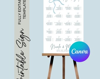 May include: A printable wedding seating chart sign with a light blue ribbon and bow. The sign says "Find Your Seat" and includes the names "Nicole & M" and the date "09.14.202".