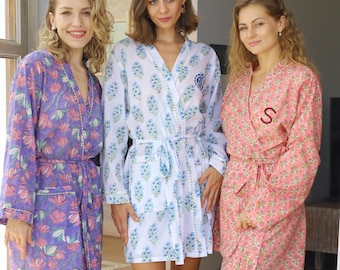 Personalized Bridesmaid Robes | 100% Cotton Block Print Robe | Custom Embroidered Bridal Party Gift | Getting Ready Robe | Bachelorette