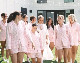 100% Cotton Pajama Set Bridesmaid Proposal, Bridal Party Pajamas, Gingham Pajamas, Loungewear set Personalized Gift for her Christmas PJs
