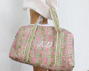 Embroidered Bridesmaid Weekender Bag | Personalized Quilted Travel Tote | Block Print Bridal Party Gift | Monogram Floral Carry On Duffel