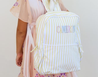 Personalized Kids Backpack Monogrammed Backpack | Canvas Stripe Bag | Personalized Gifts for Kids | Girls Boys School Bag | Women's Book Bag