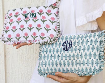 Personalized Ruffled Makeup Bag | Block Print Cosmetic Pouch | Bridesmaid Gift | Travel Toiletry Bag | Zipper Clutch Custom Embroidered