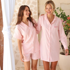 100% Cotton Pajama Set Bridesmaid Proposal, Bridal Party Pajamas, Gingham Pajamas, Loungewear set Personalized Gift for her Christmas PJs
