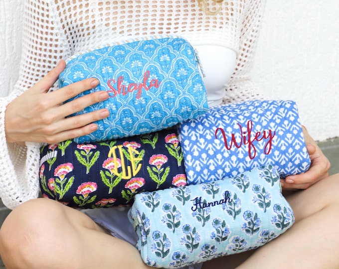 Personalized Makeup Bag Block Print Cosmetic Bag Quilted Toiletry Pouch with name
