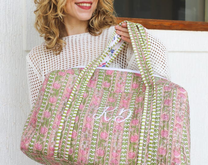 Embroidered Bridesmaid Weekender Bag | Personalized Quilted Travel Tote | Block Print Bridal Party Gift | Monogram Floral Carry On Duffel