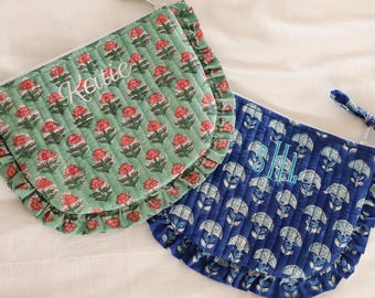 Personalized Zipper Pouch | Block Print Cosmetic Bag Bridesmaid Gift | Ruffled Travel Clutch | Custom Embroidered Toiletry Bag for Women