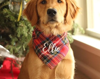 Personalized Plaid Dog Bandana, Christmas Dog Bandana, Plaid Dog Bandana, Personalized Bandana, Flannel Bandana, Dog Scarf, Custom Dog Tag