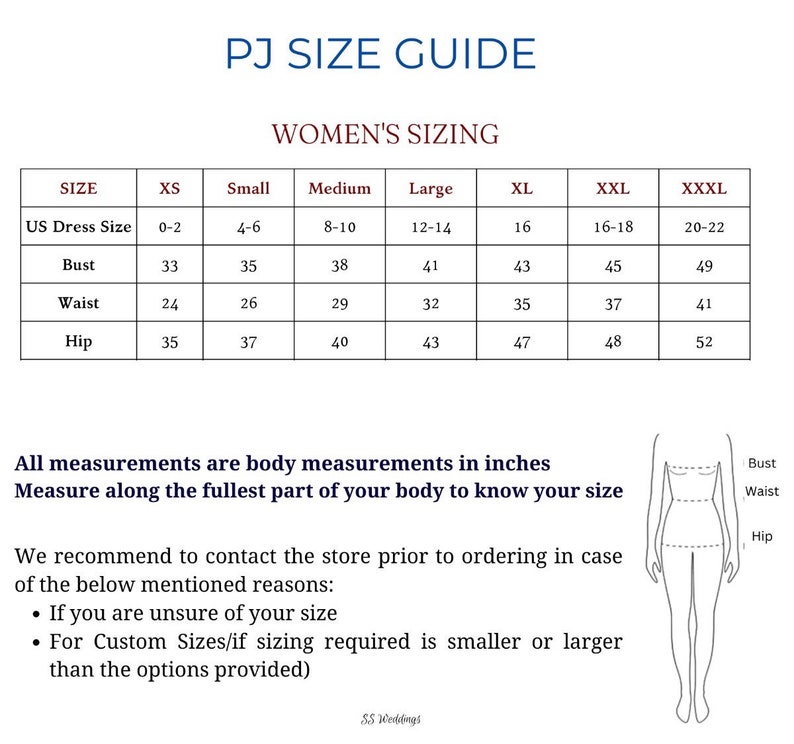 May include: A size chart for women's pyjamas, showing measurements in inches for bust, waist, and hips. The chart includes sizes XS, Small, Medium, Large, XL, XXL, and XXXL, with corresponding UK dress sizes and measurements.