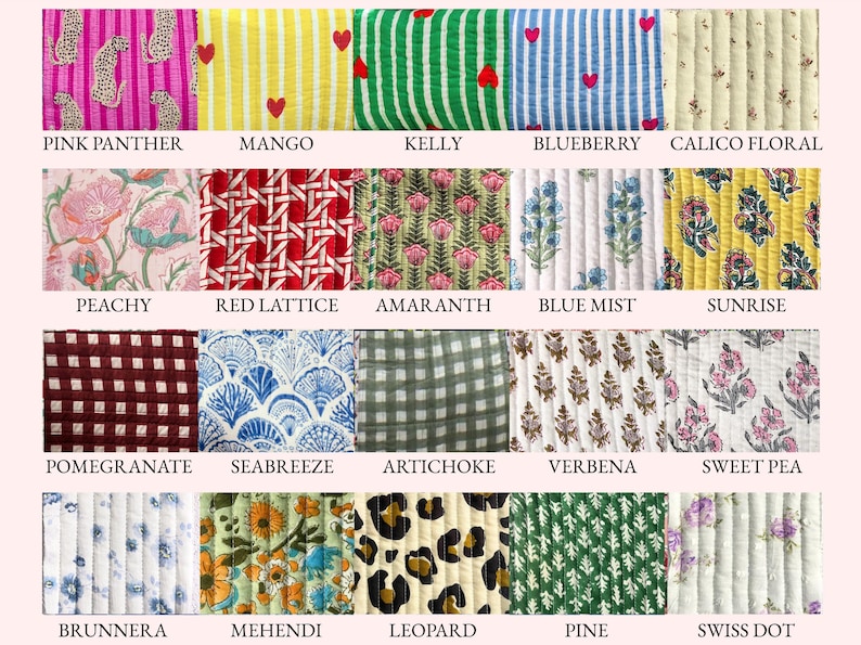 May include: A collection of quilted fabric swatches with various patterns and colors. Designs include pink leopard print, yellow with red hearts, green stripes, blue stripes, floral, and geometric patterns. Each swatch has a name printed below it.