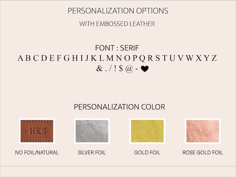 Puede incluir: Un gr&aacute;fico que muestra las opciones de personalizaci&oacute;n para un producto de cuero. La fuente es serif y las opciones incluyen sin l&aacute;mina, l&aacute;mina plateada, l&aacute;mina dorada y l&aacute;mina dorada rosa.