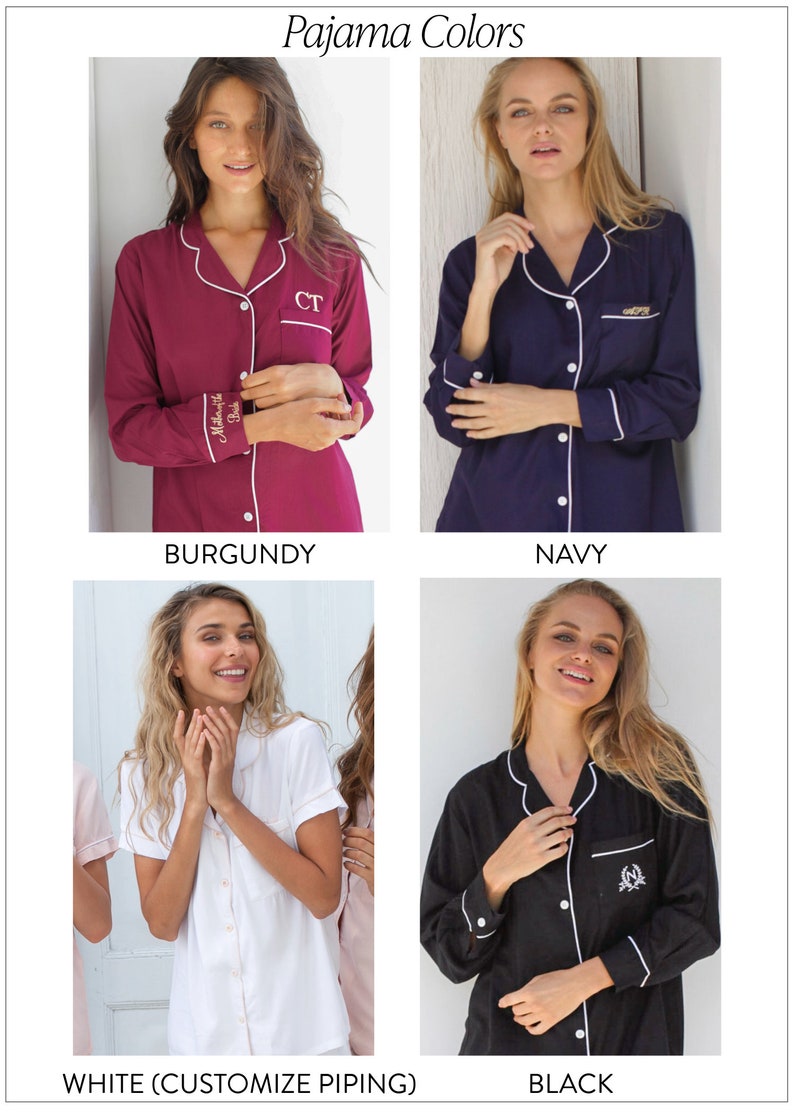 May include: Four women model different colours of pyjamas. The pyjamas are long-sleeved and have a white piping detail. The colours are burgundy, navy, white, and black. The white pyjamas have a short sleeve.
